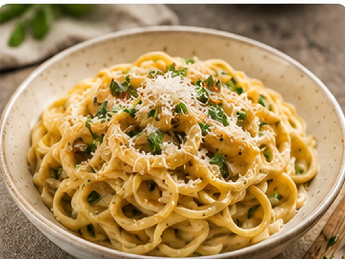 Creamy garlic pasta — an example cook step.
