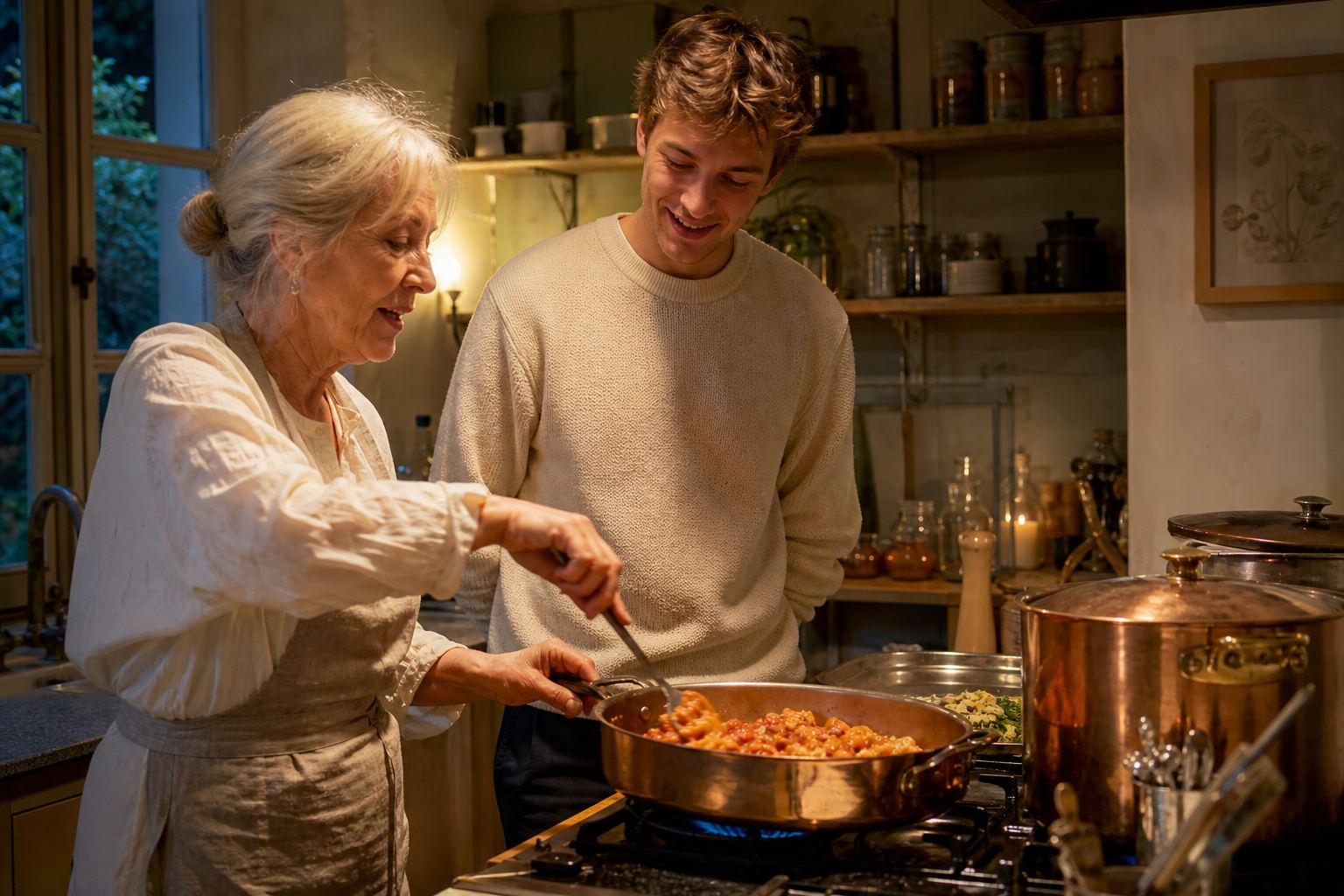 An older cook showing a younger one how a pasta sauce comes together at the hob.
