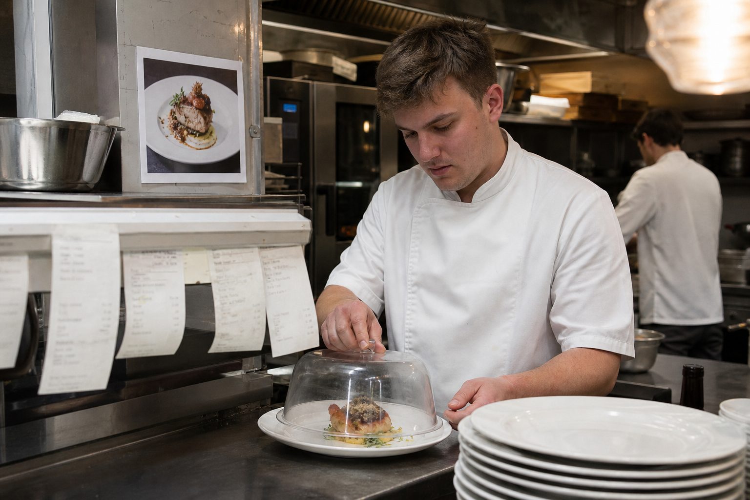 A junior cook covering a signature dish on a busy service, reconstructing it without the head chef.