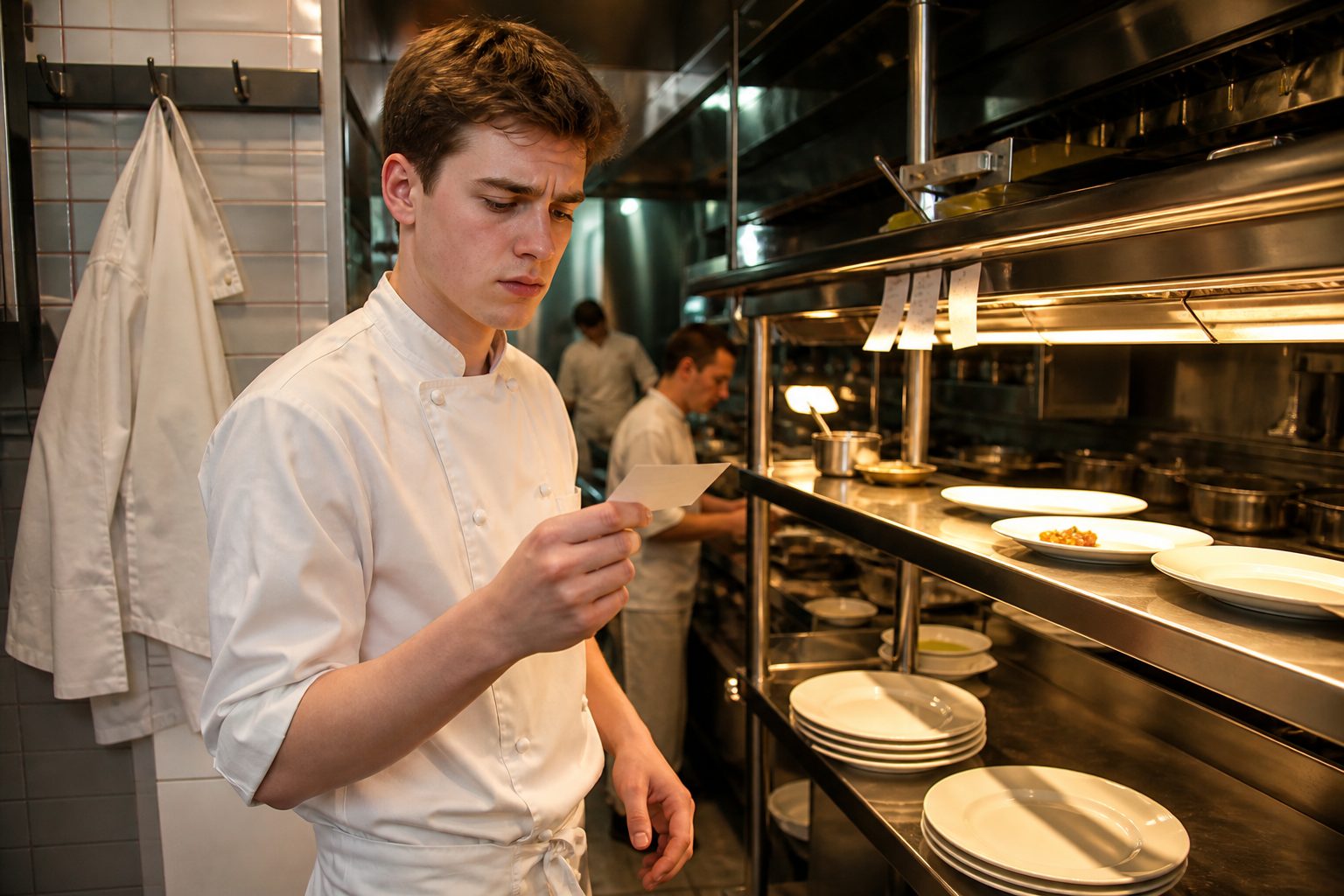A trainee alone at the pass because the chef is not there.