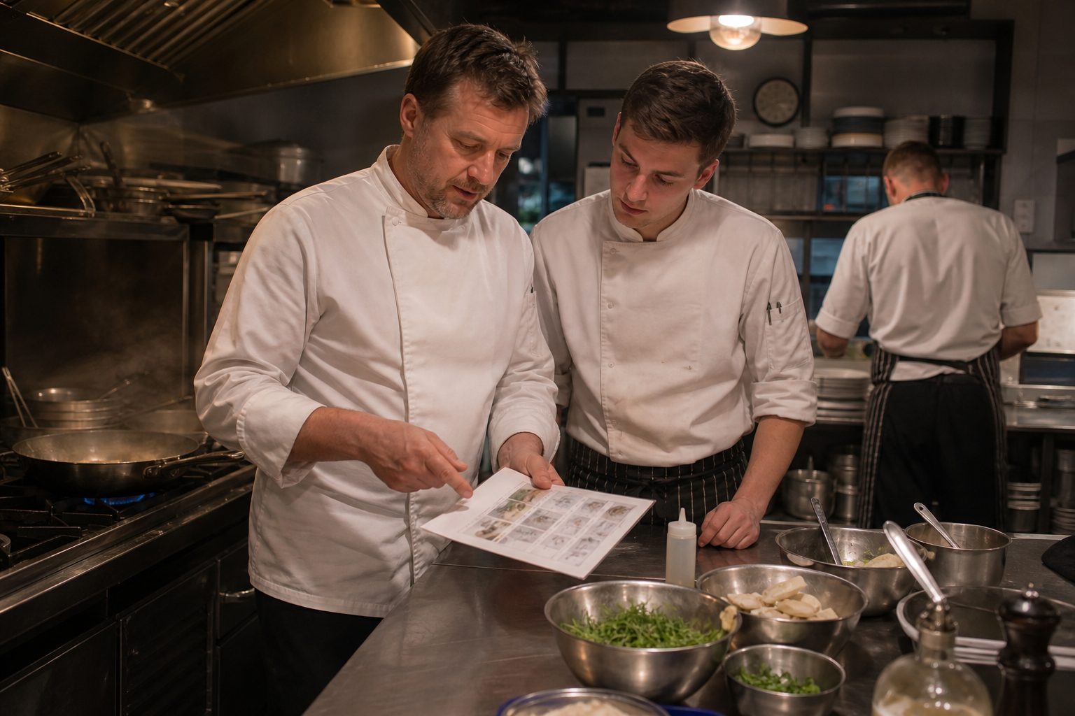 A new starter being shown a pan mid-service by whoever is on shift.