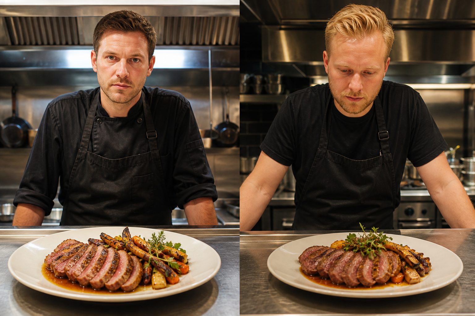 The same dish plated on two different restaurant passes, already starting to drift.