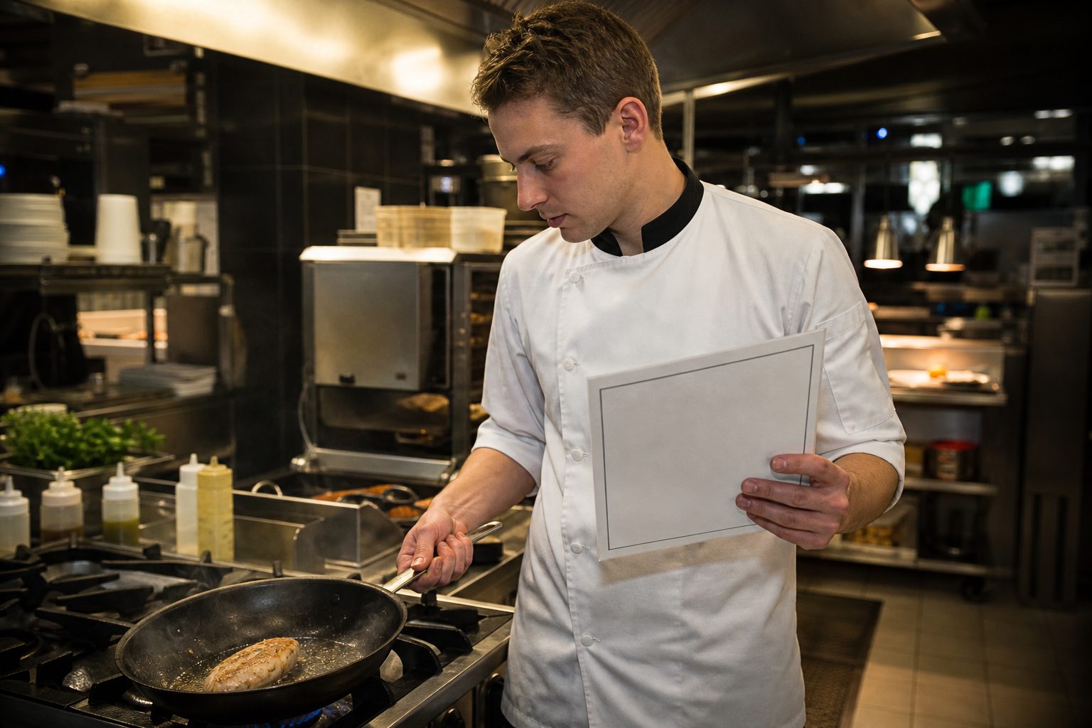 A trainee cooking from a station card at the pass, with the house method in their hands.