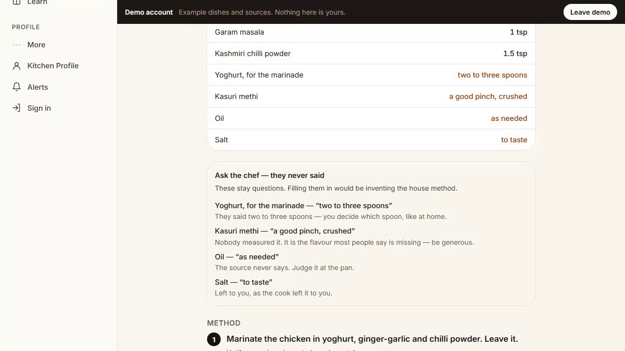 A station card for butter chicken, laid out for a trainee.