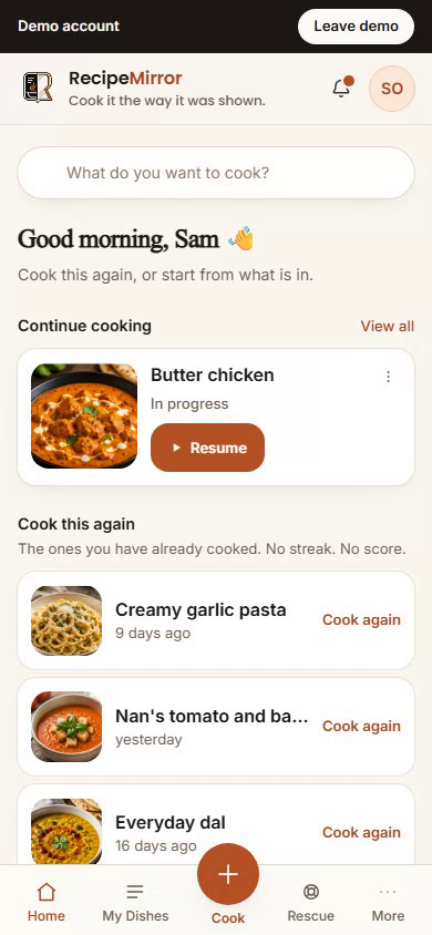 RecipeMirror open on a phone, showing a step of a recipe.